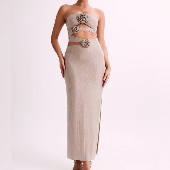 Meshki-  Stassie embellished Nude Strapless Flower Rose Diamante Maxi Dress - Picture 13 of 17